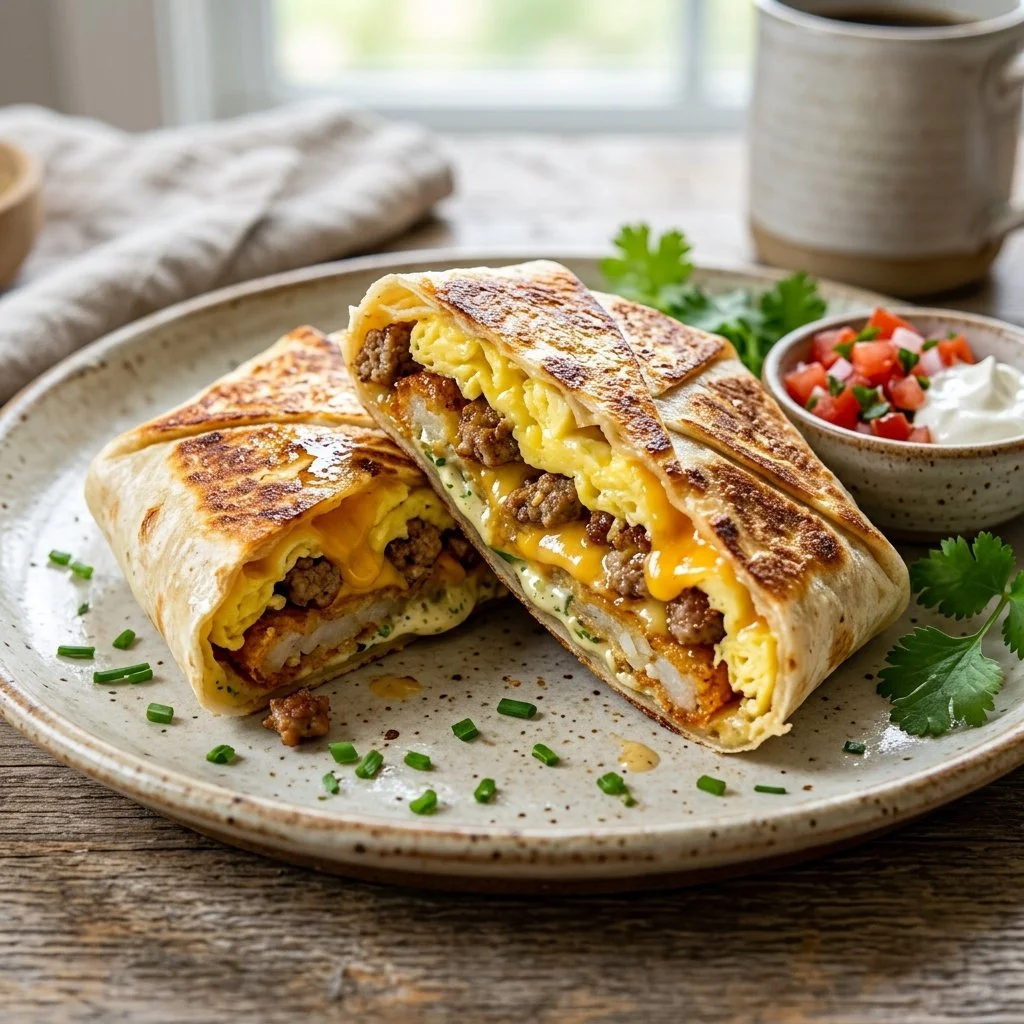 Delicious Breakfast Crunchwrap with eggs, cheese, and sausage wrapped in a tortilla.