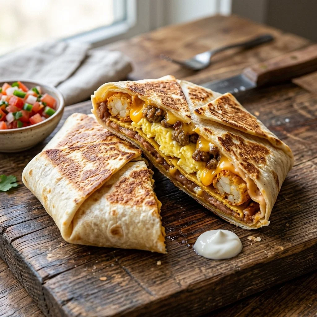 Delicious Breakfast Crunchwrap filled with eggs, cheese, and veggies.