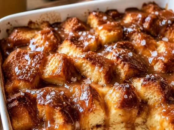 Brioche bread pudding topped with salted caramel sauce in a dessert dish.