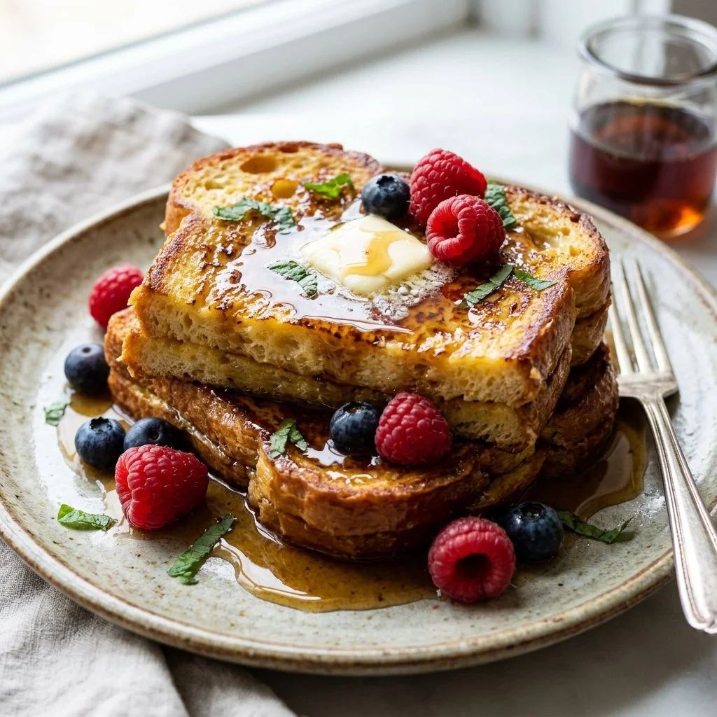 Deliciously golden brioche French toast topped with fresh berries and syrup
