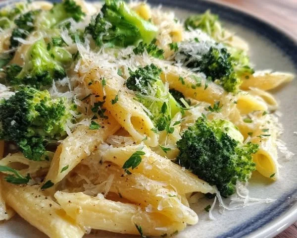 Creamy Broccoli and Cheese Pasta served in a bowl with fresh broccoli florets.