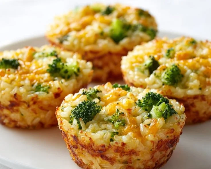 Savory Broccoli Cheddar Rice Cups baked to perfection, high in protein and flavor.