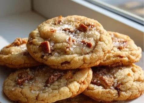 Delicious Brown Butter Toffee Cookies with a chewy texture on a plate