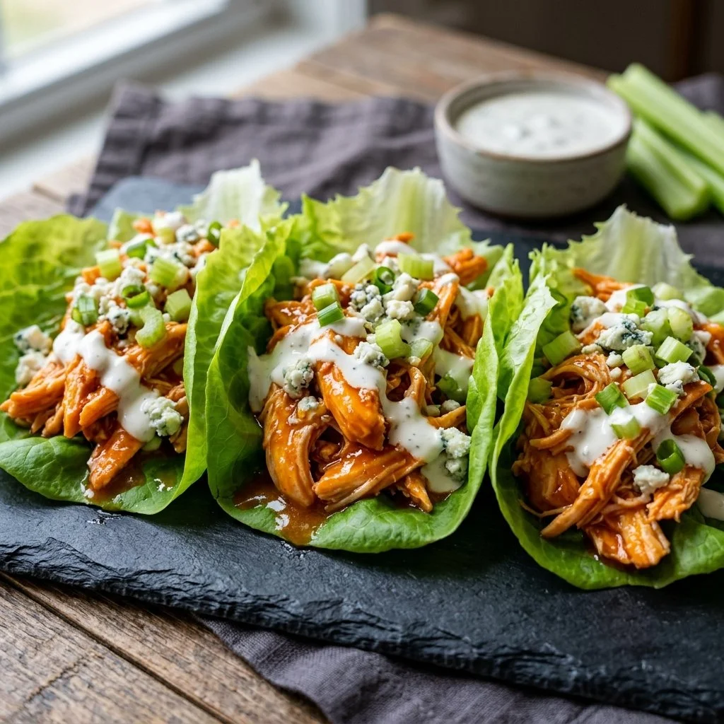 Buffalo Chicken Lettuce Wraps ready to serve with fresh ingredients