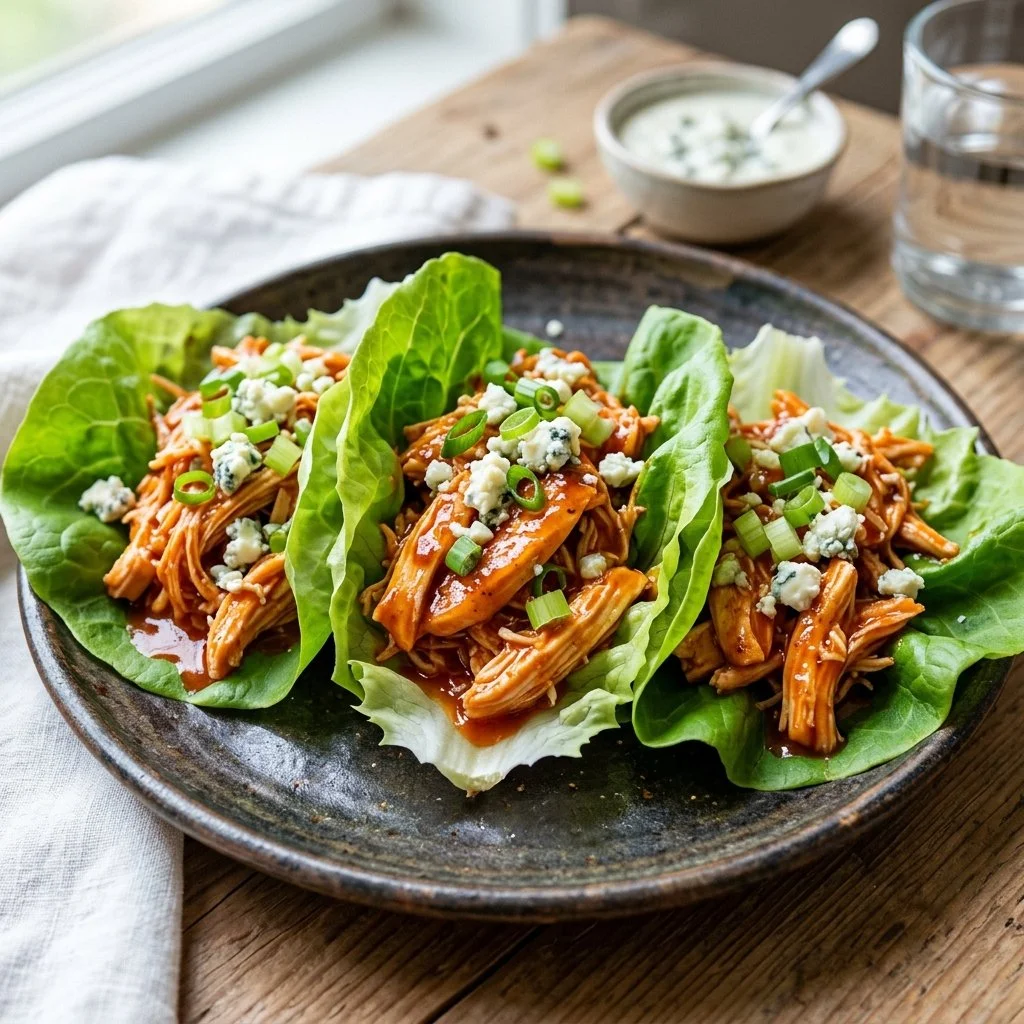 Buffalo Chicken Lettuce Wraps garnished with fresh vegetables