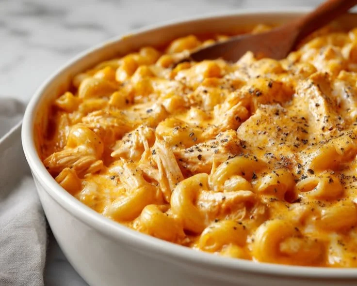 Delicious Buffalo Chicken Mac and Cheese served in a bowl with a cheesy topping.