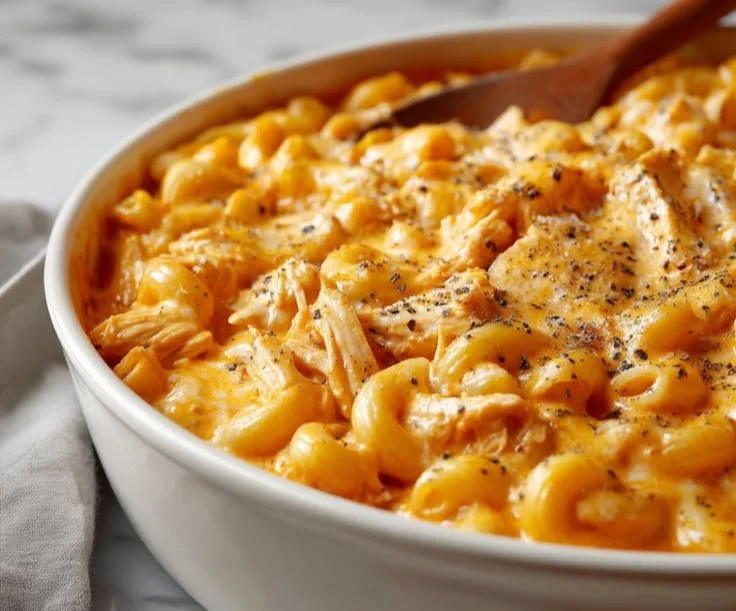 Creamy Buffalo Chicken Mac and Cheese topped with green onions and cheese