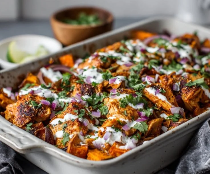 Buffalo Chicken Sheet Pan Bowls with roasted sweet potatoes