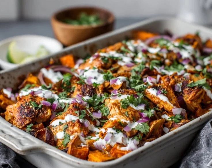 Buffalo Chicken Sheet Pan Bowls with Sweet Potatoes for a delicious meal.