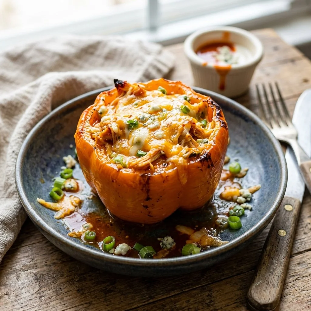 Buffalo Chicken Stuffed Peppers filled with spicy chicken and cheese