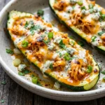 Buffalo Chicken Stuffed Zucchini baked and garnished, ready to eat.