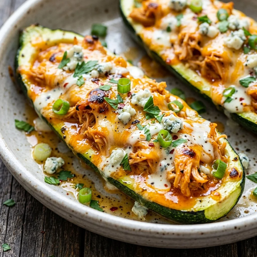Buffalo Chicken Stuffed Zucchini baked and garnished, ready to eat.