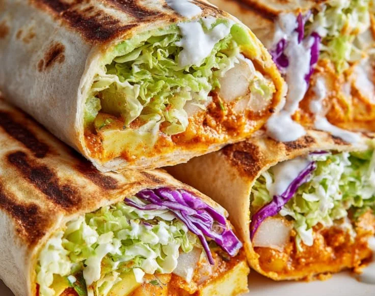 Buffalo-style chickpea salad wraps with fresh vegetables and spices