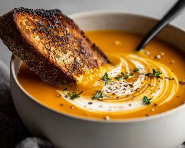 Delicious bowl of creamy butternut squash soup garnished with herbs.