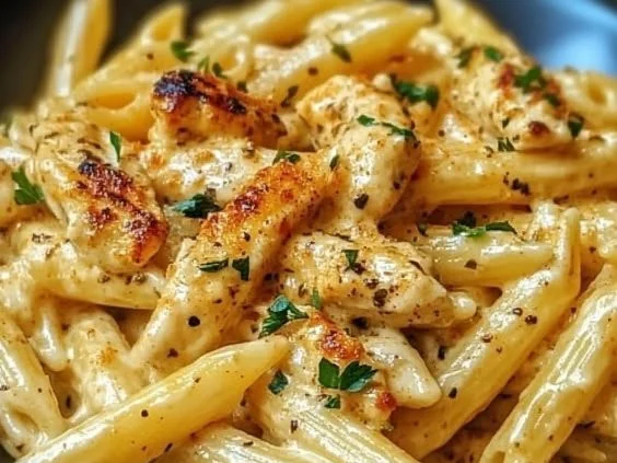 Plate of Cajun Chicken Penne pasta in a creamy sauce garnished with herbs
