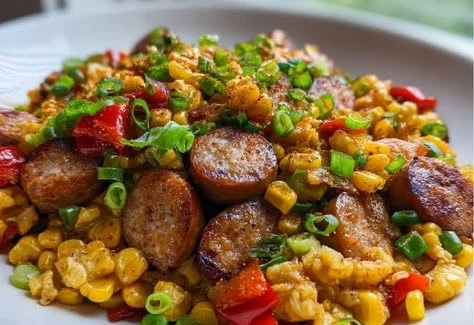 Cajun Corn & Beef Sausage Skillet dish served in a bright skillet