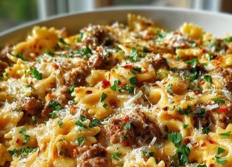 Cajun Alfredo Bowties with cream cheese and spiced ground beef on a plate
