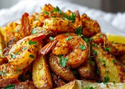 Cajun shrimp and potato wedges on a sheet pan for a delicious one-pan meal