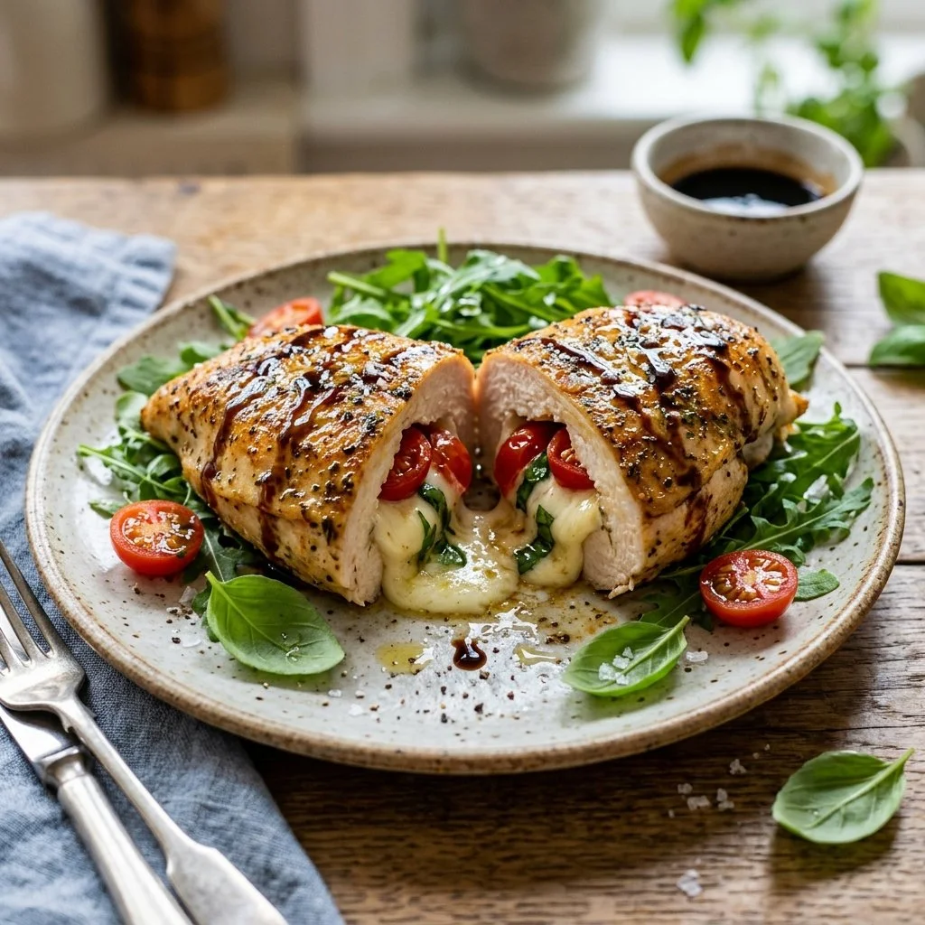 Caprese Stuffed Chicken Breast with mozzarella, tomatoes, and fresh basil