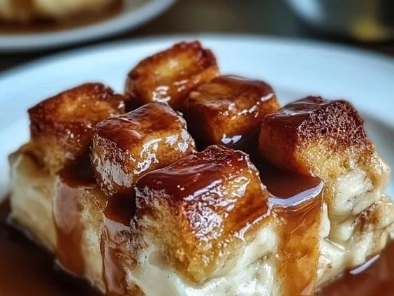Delicious caramel apple bread pudding served in a bowl.