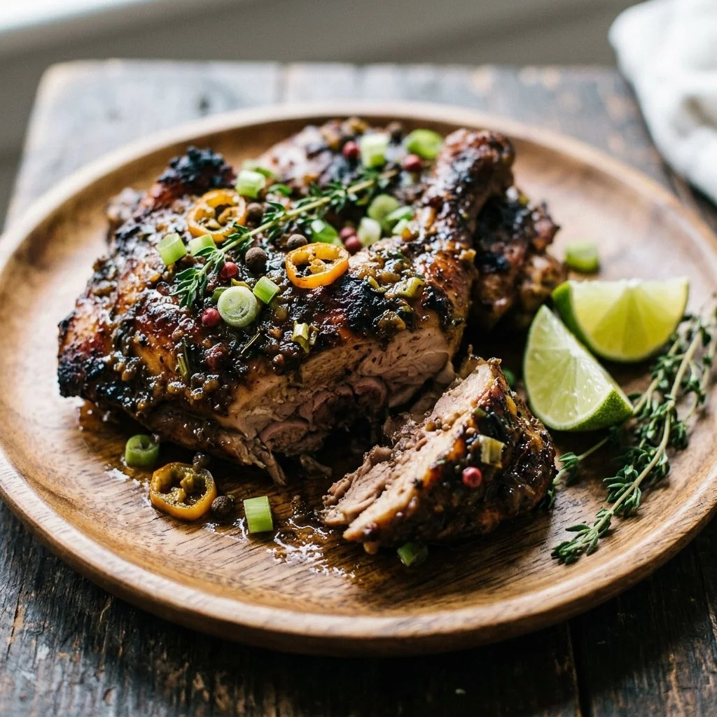 Delicious Caribbean jerk chicken with spices and herbs on a grill
