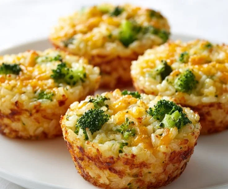 Cheddar broccoli rice cups served on a plate with a garnish.