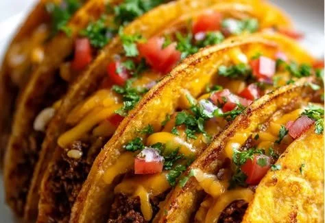 Cheesy Blackstone smash tacos topped with crispy beef and fresh ingredients