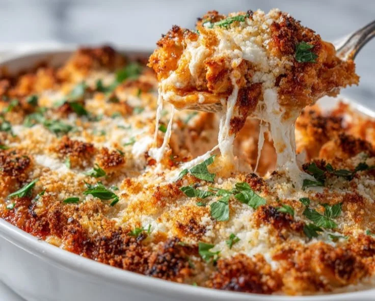 Cheesy Chicken Parmesan casserole served in a dish with melted cheese and herbs.