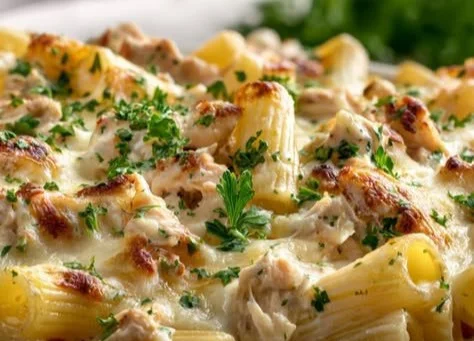Cheesy garlic chicken rigatoni casserole with a creamy sauce in a baking dish