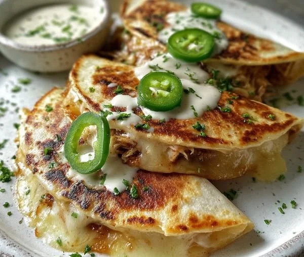 Cheesy chicken quesadillas with hot honey and jalapeno cream sauce on a plate
