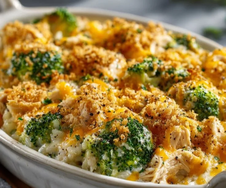 Baked Chicken Broccoli Rice Casserole topped with cheese and herbs