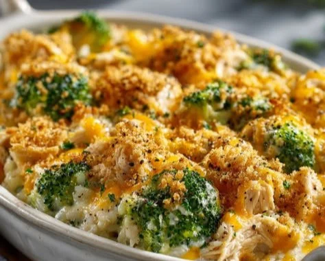 A hearty Chicken Broccoli Rice Casserole served in a baking dish.