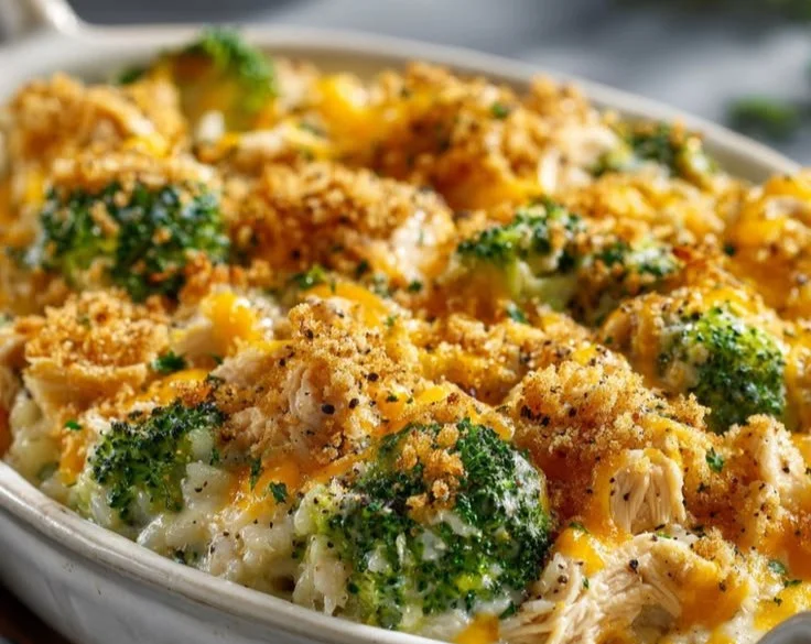 Delicious Chicken Broccoli Rice Casserole served in a dish