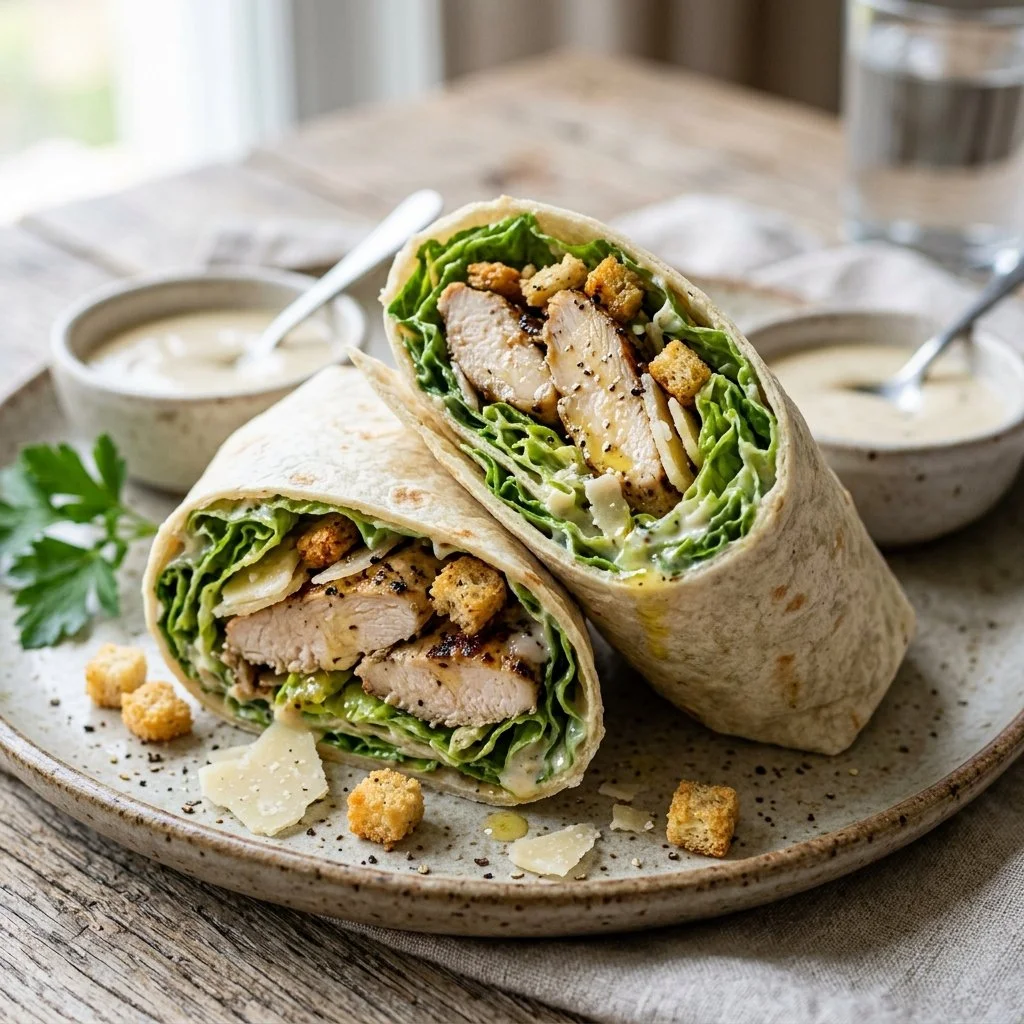 Chicken Caesar Wraps filled with chicken, romaine lettuce, and Caesar dressing in a tortilla