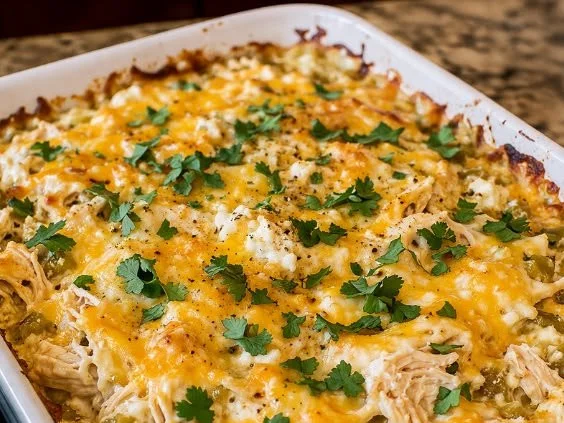 Delicious chicken casserole served in a baking dish with ingredients on the side.