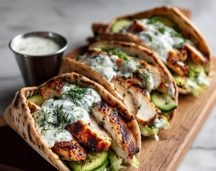 Sheet pan Chicken Pitas with Herby Ranch dressing and fresh toppings.