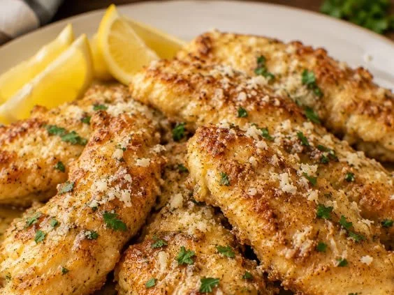 Crispy chicken tenders with lemon garlic parmesan seasoning on a plate