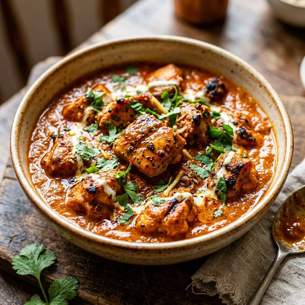 Delicious Chicken Tikka Masala served with rice and naan bread.