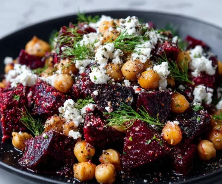 Chickpea Beet Feta Salad featuring colorful beets, chickpeas, and feta cheese.