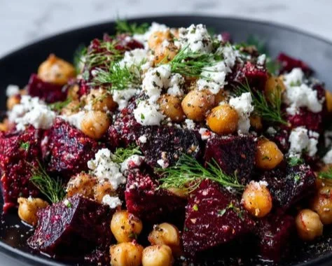 Chickpea Beet Feta Salad with colorful ingredients in a bowl