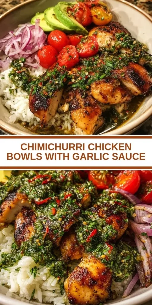 Chimichurri chicken bowl served with garlic sauce and fresh vegetables