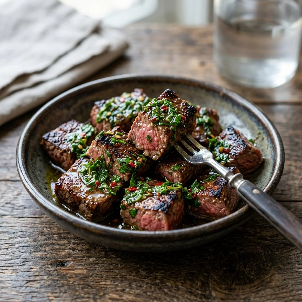 Delicious chimichurri steak bites served on a platter.