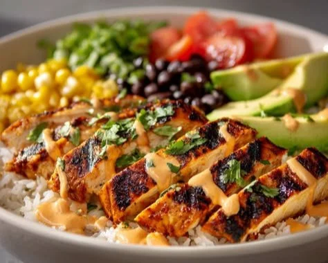 Healthy Chipotle Chicken Bowl with high protein ingredients