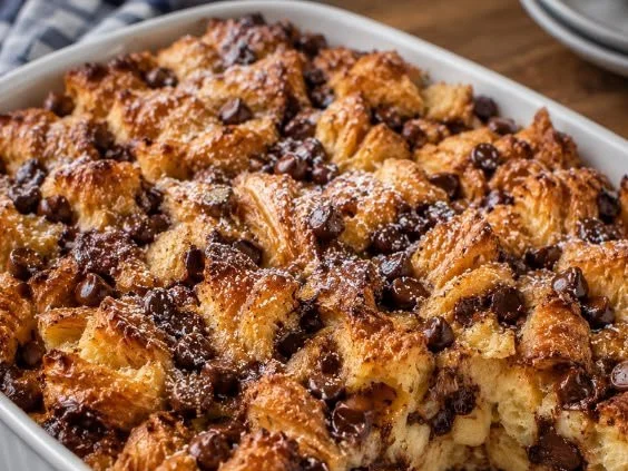 Chocolate chip croissant bread pudding freshly baked in a dish