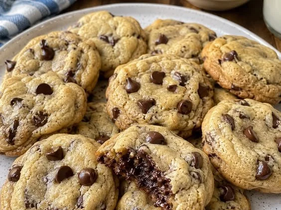Delicious chocolate chip pudding cookies freshly baked and served on a plate.
