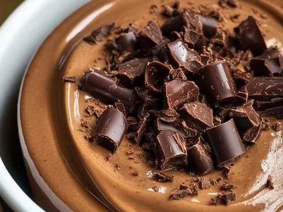 Delicious chocolate mousse pudding topped with whipped cream and chocolate shavings.