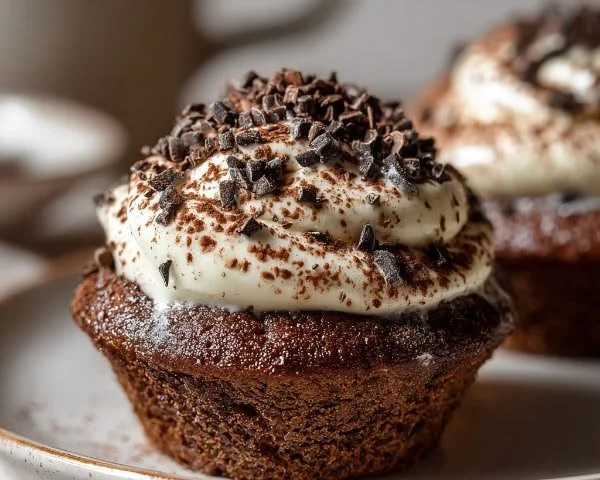 Delicious Chocolate Tiramisu Cupcakes topped with creamy frosting