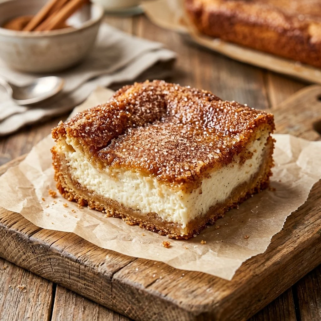Delicious churro cheesecake bars topped with cinnamon and sugar.