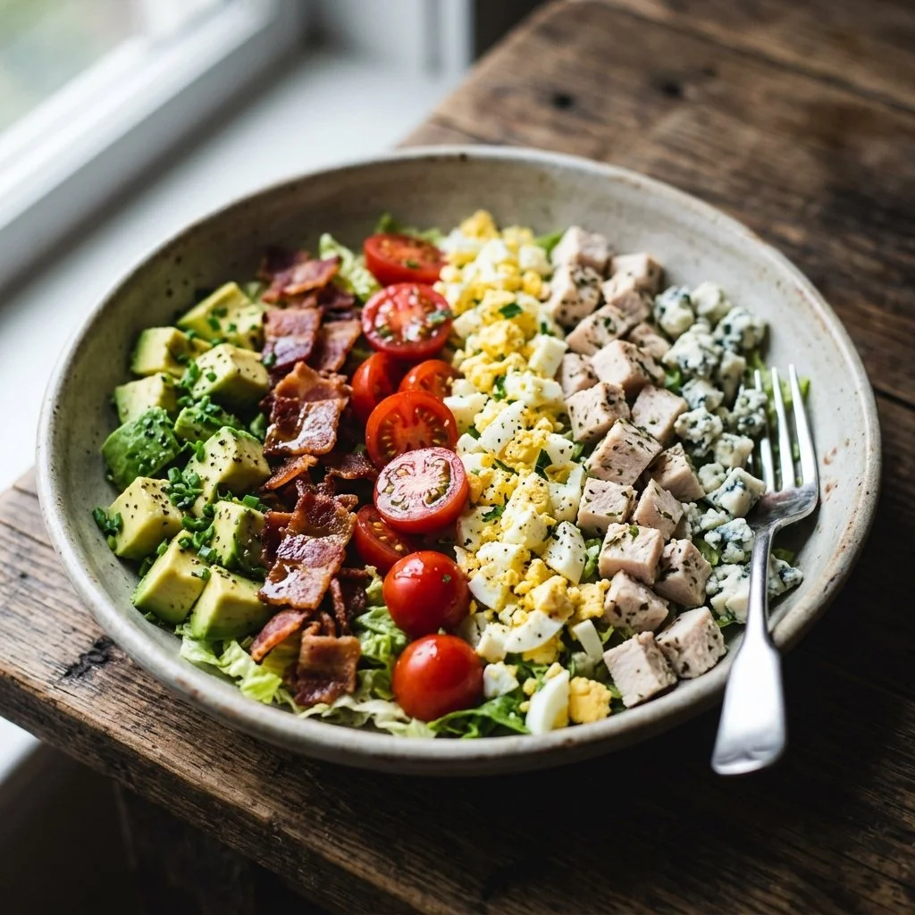 Delicious Cobb Salad with greens, avocado, bacon, and hard-boiled eggs.