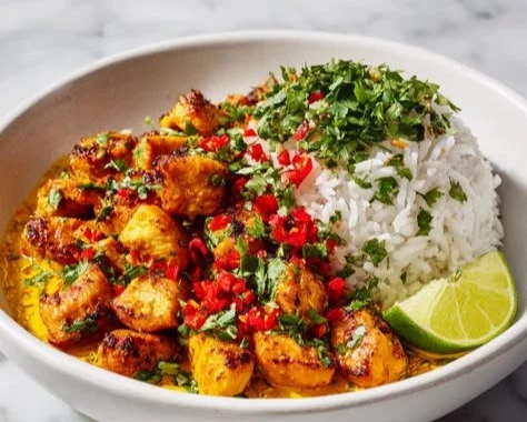 A vibrant Coconut Chicken Bowl filled with fresh ingredients and high protein.